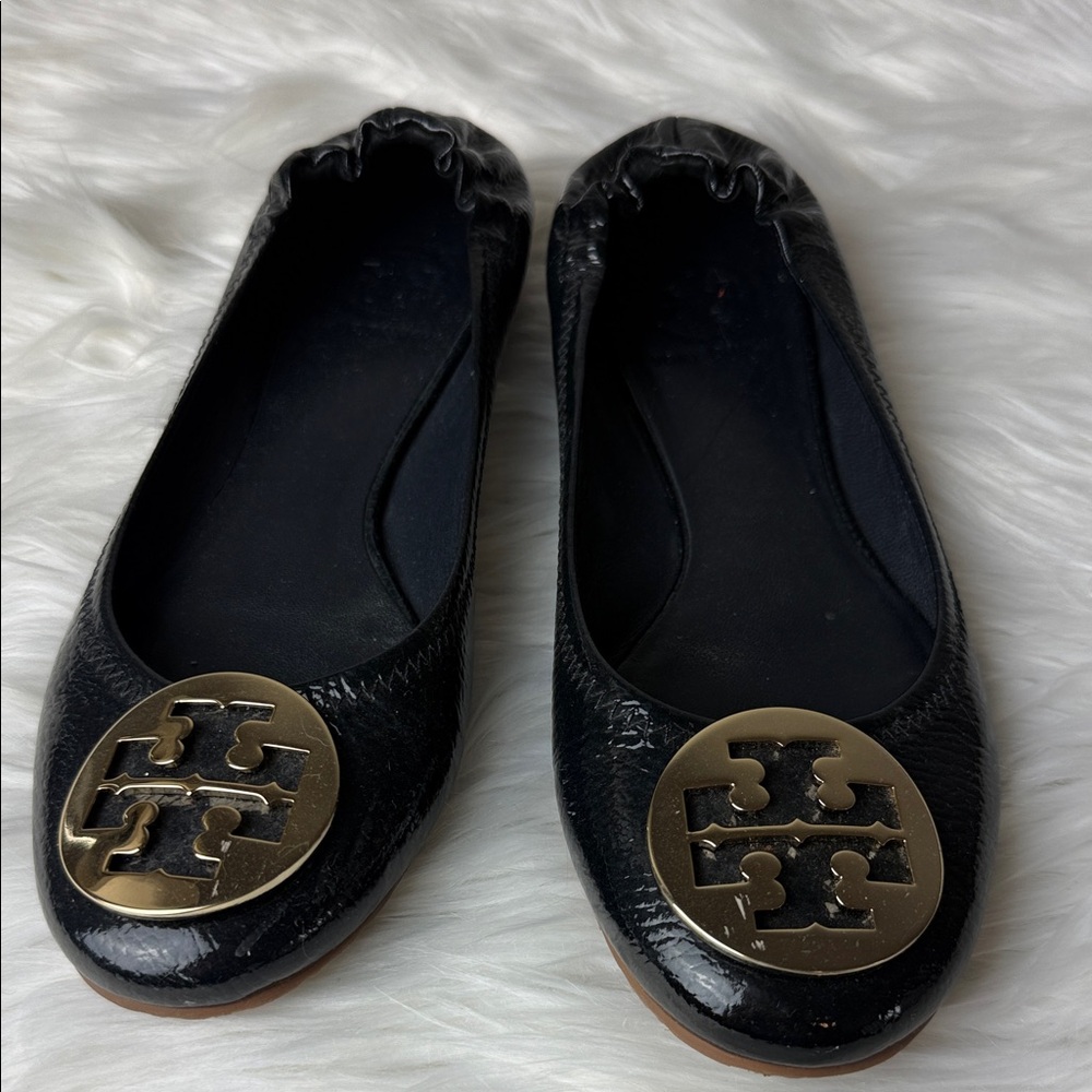 Tory Burch Black Leather Logo Ballet Flats with Gold Emblem